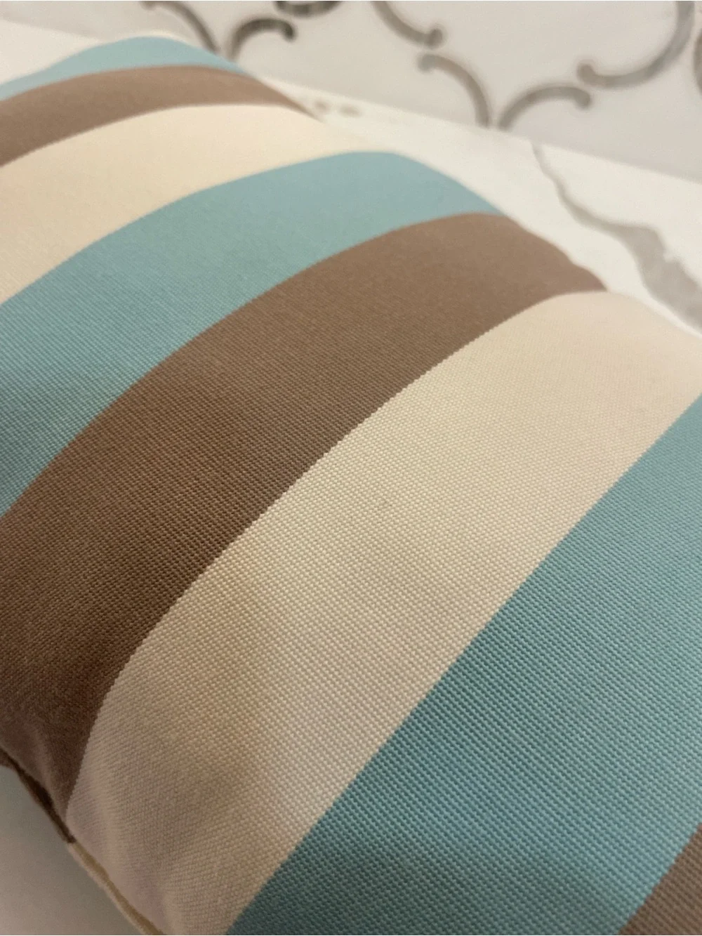 Striped Lumbar Throw Pillow in Blue, Cream & Brown